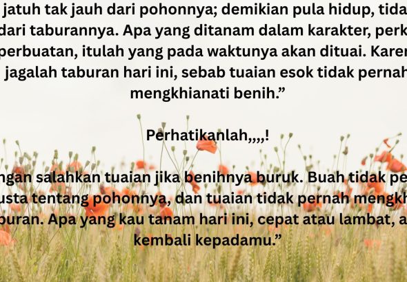 Buah jatuh tak jauh dari pohonnya; demikian pula hidup, tidak akan jauh dari taburannya. Apa yang ditanam dalam karakter, perkataan, dan perbuatan, itulah yang pada waktunya akan dituai. Karena it (1)